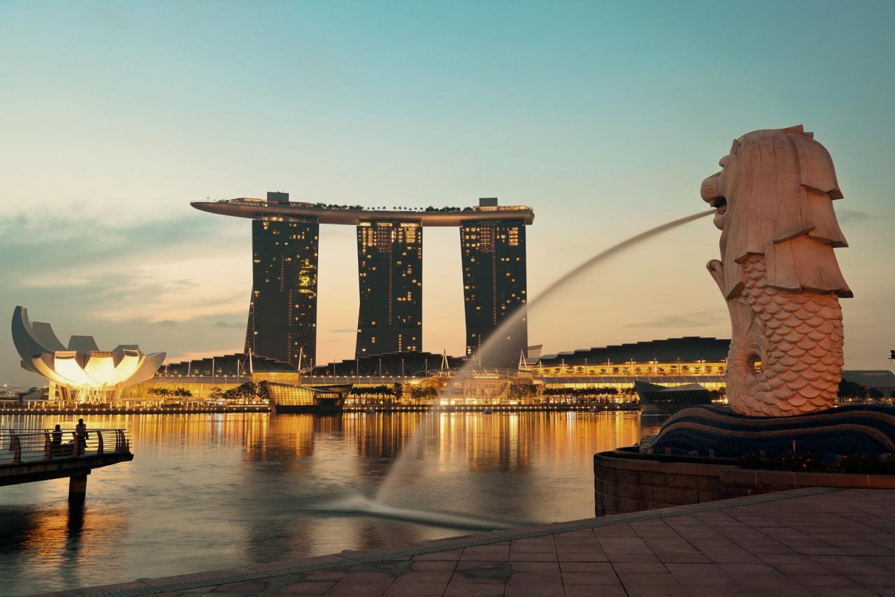 Socha leva Merlion a krásne fotografie s výhľadom na Marina Bay