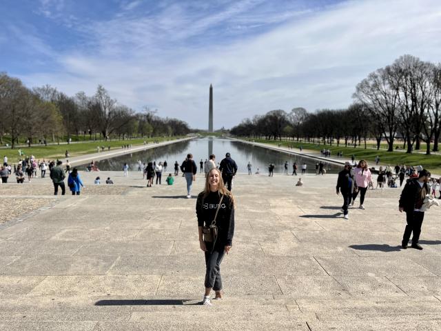 Impozantný Reflecting pool, tiahnúci sa parkom National Mall. f