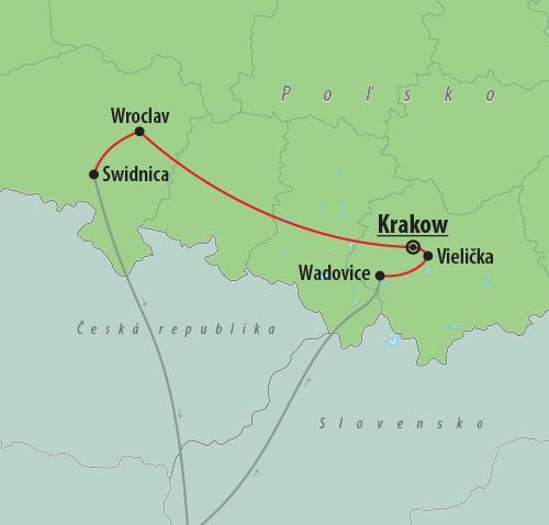 CK , autobusový poznávací zájazd, Krakow a Wroclaw, mapa