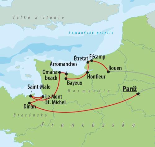 CK , autobusový poznávací zájazd, Normandia a Bretónsko, mapa