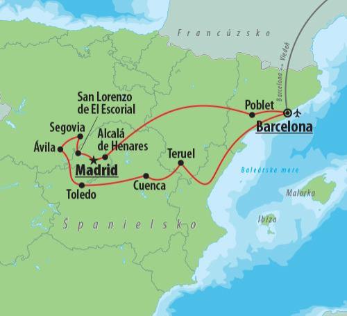 CK , Letecký poznávací zájazd, Španielsko poklady UNESCO, mapa