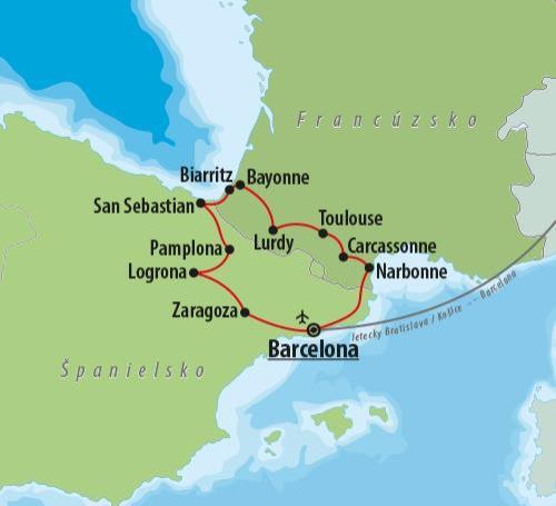 CK , Letecký poznávací zájazd, Mestá pod Pyrenejami, mapa