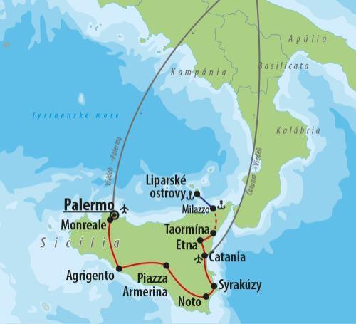 CK , Letecký poznávací zájazd, Sicília a Liparské ostrovy, mapa