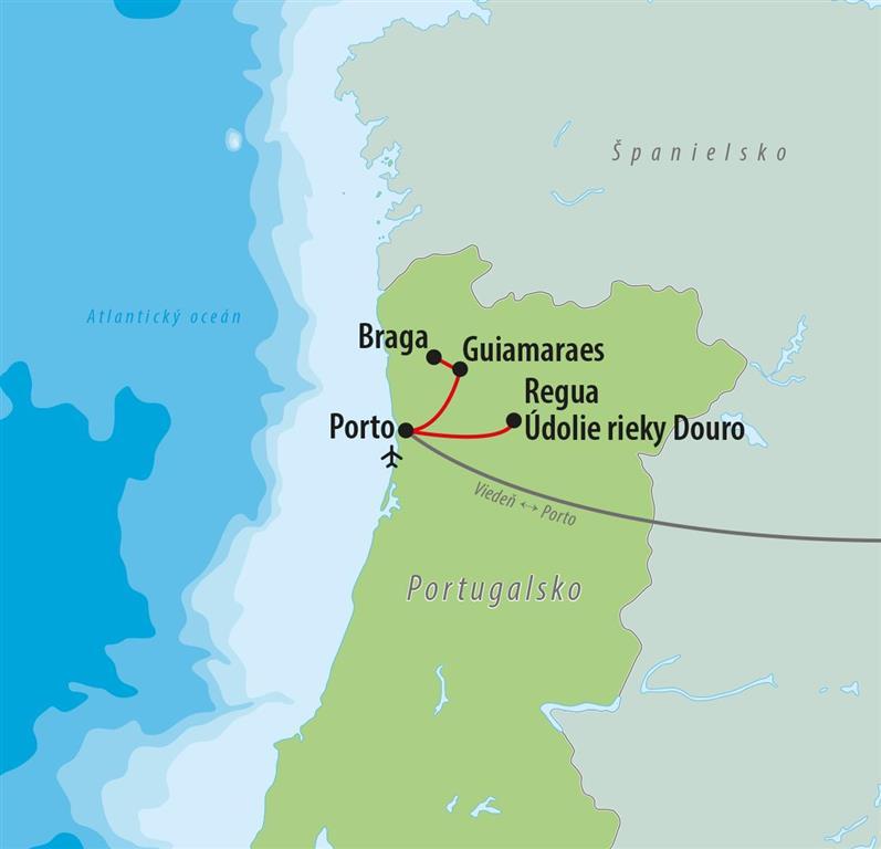CK , Letecký poznávací zájazd,Porto plnými dúškami, mapka