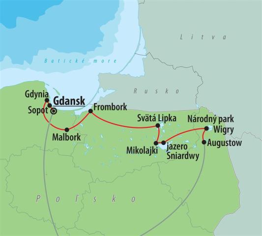 CK , autobusový poznávací zájazd, Poľsko - Mazúrske jazerá, map