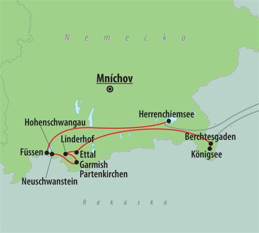 CK , autobusový poznávací zájazd, Bavorsko - zámky a hory, mapa